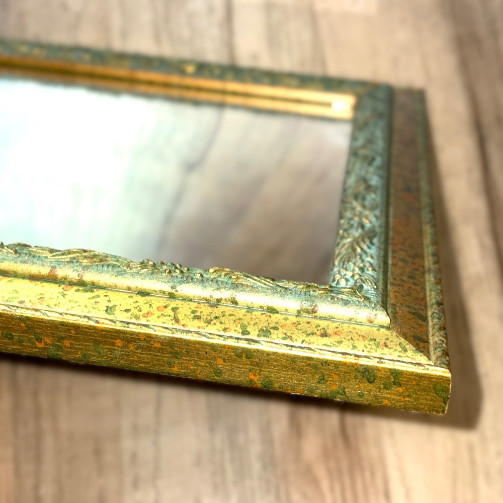 Vtg Ornate Square Wall Mirror Gold Verdigris Floral Scrollwork Frame 9.5in - Picture 13 of 16